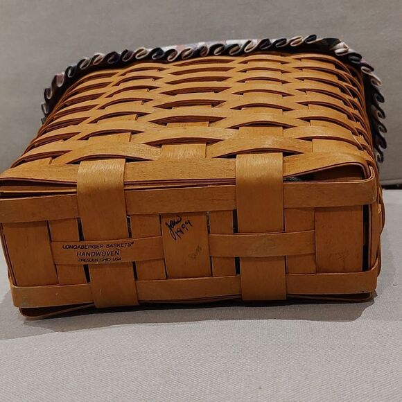 Longaberger Handwoven Tall Wall Hanging Basket Leather Handle Plaid Liner 1999 - Picture 4 of 9
